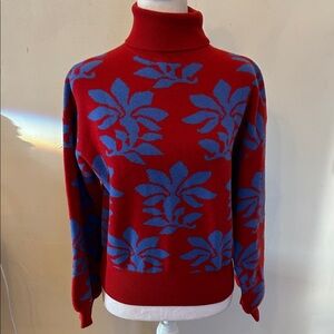 Rhode Cara wool jacquard Red Blue Floral Turtleneck Sweater Size S EUC